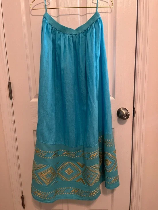 ✨ Haris Cotton Linen Skirt L Turquoise Gold Embroidered Greece Boho - Picture 6 of 9